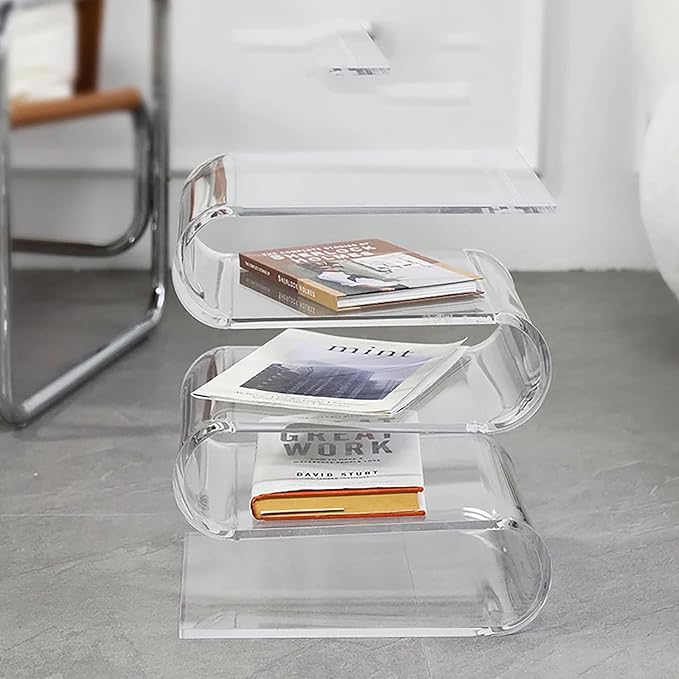 S-Shaped Acrylic Side Table with 3-Tier Magazine Holder