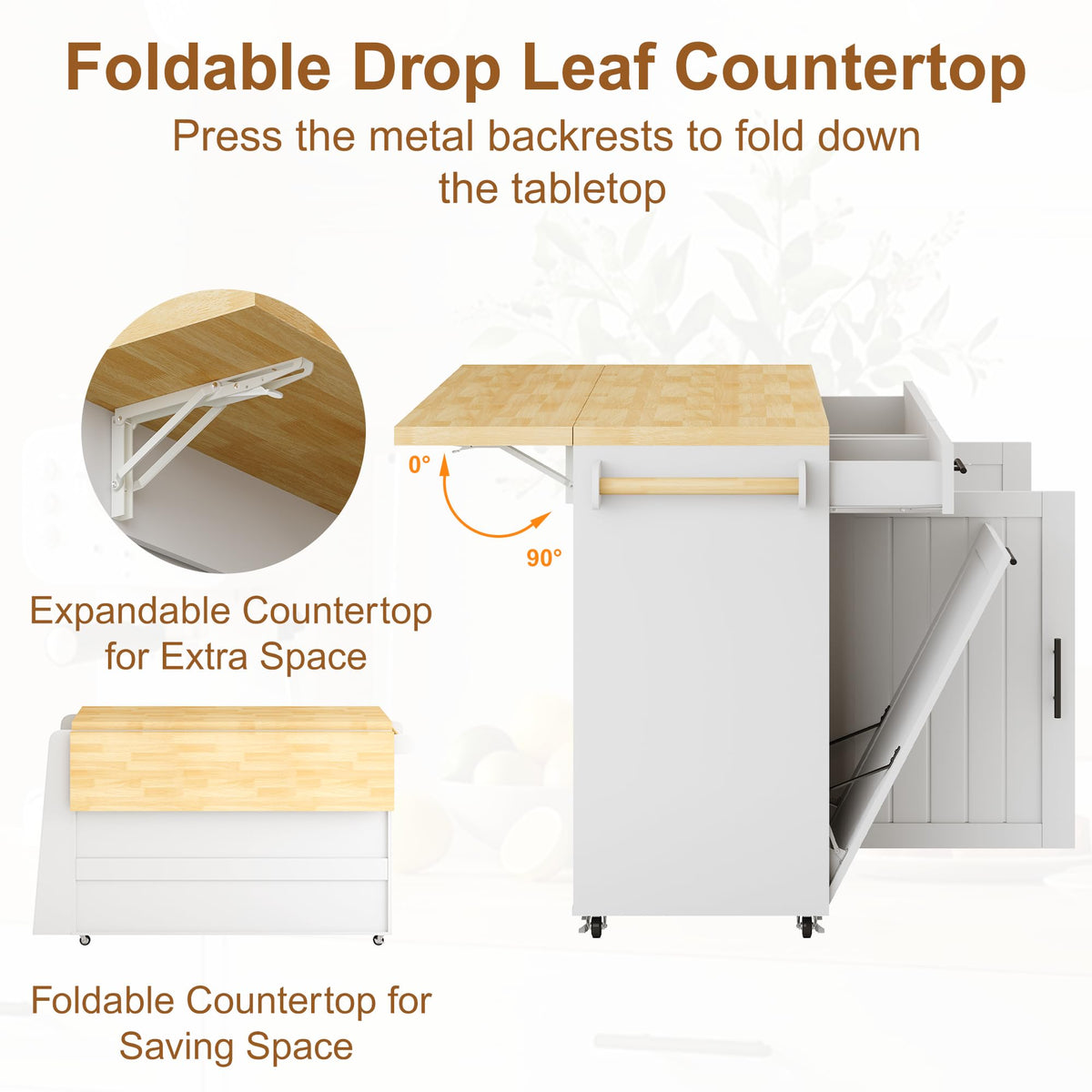 DreamDashio 65" Kitchen Island with Drop Leaf, Rolling Island with Spice Rack & Towel Rack, Mobile Kitchen Island Cart with 2 Draws & Trash Storage Cabinet, Portable Island Table on Wheels for Kitchen