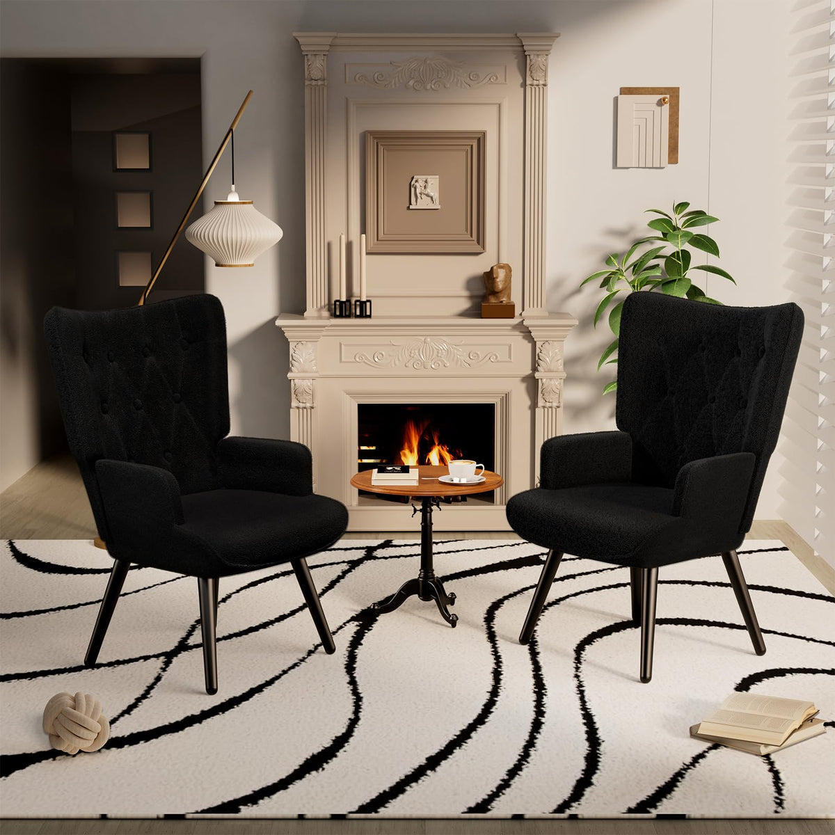 Black Teddy Wingback Chairs, Set of 2