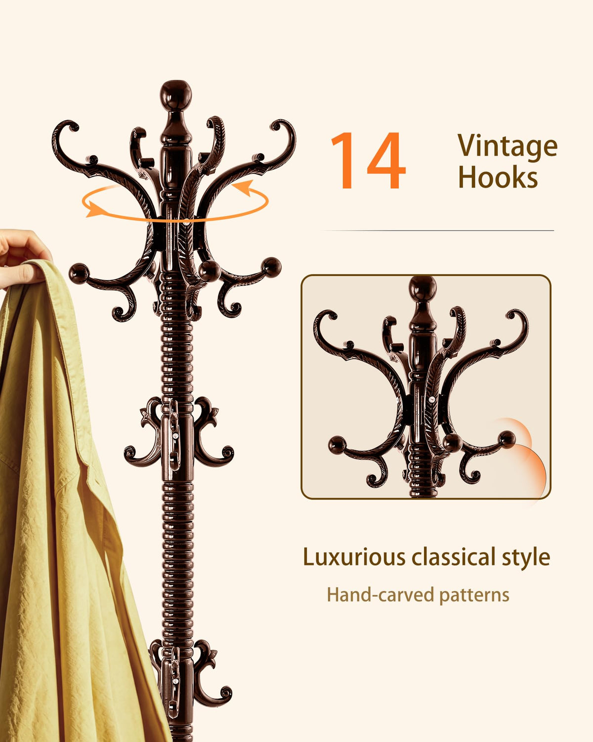 Solid Wood Coat Rack with 14 Hooks