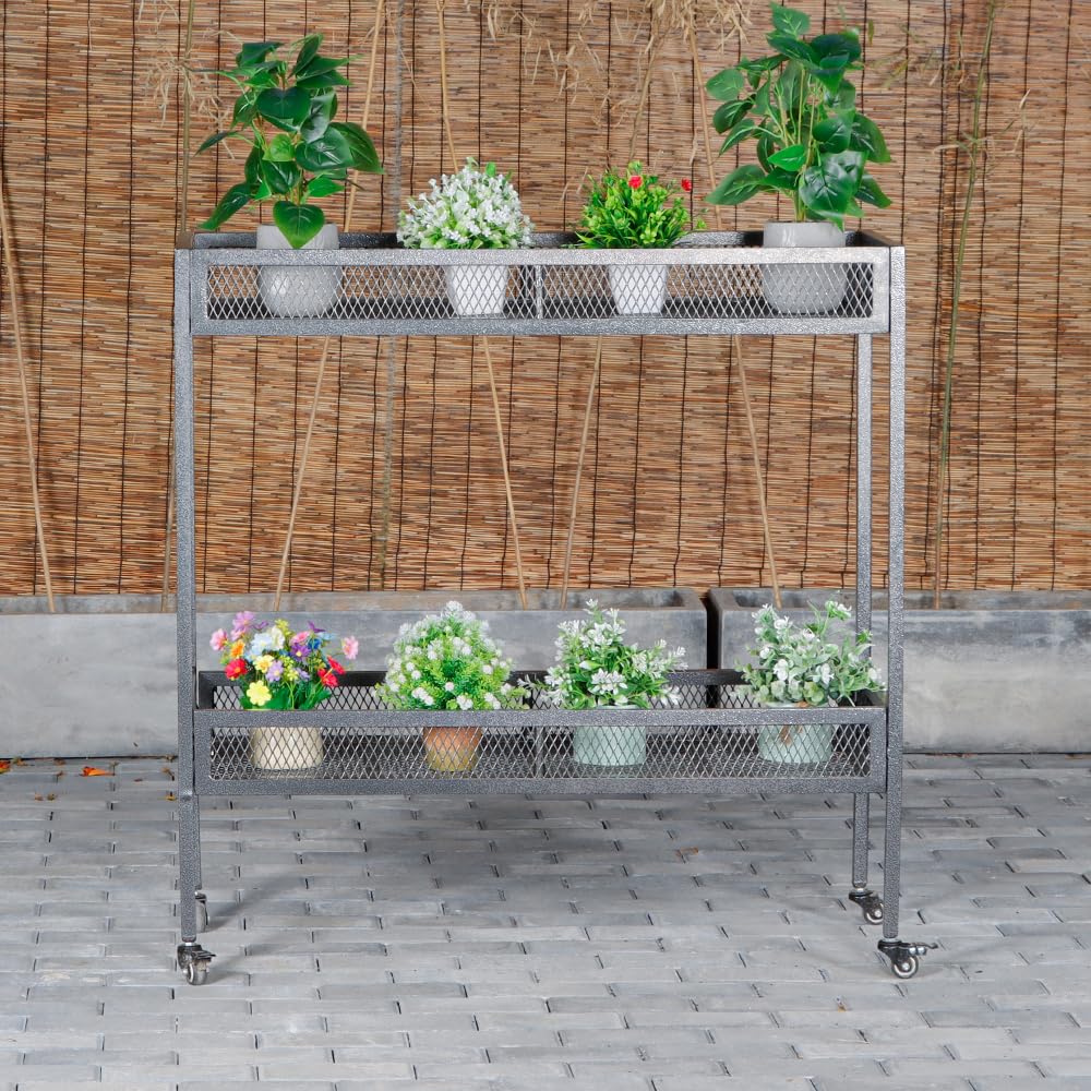 DHYGOTFUR 2-Tier Aluminum Plant Stand Outdoor with Wheels &Grid Guardrails