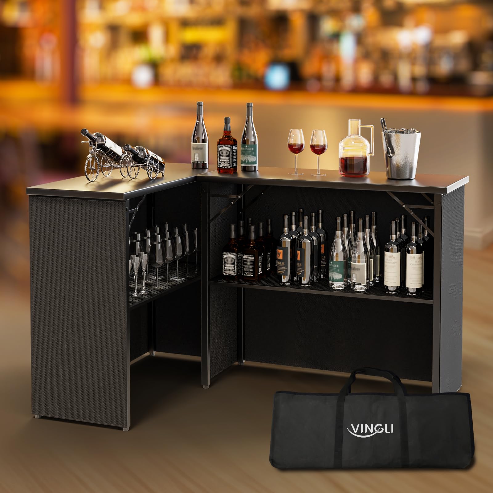VINGLI 45" Commercial Grade Portable Bar Table for Events, Mobile Bartending Station, Outdoor Indoor Pop Up Bar Table with Skirt PP (45"-1P, Black, Standard)