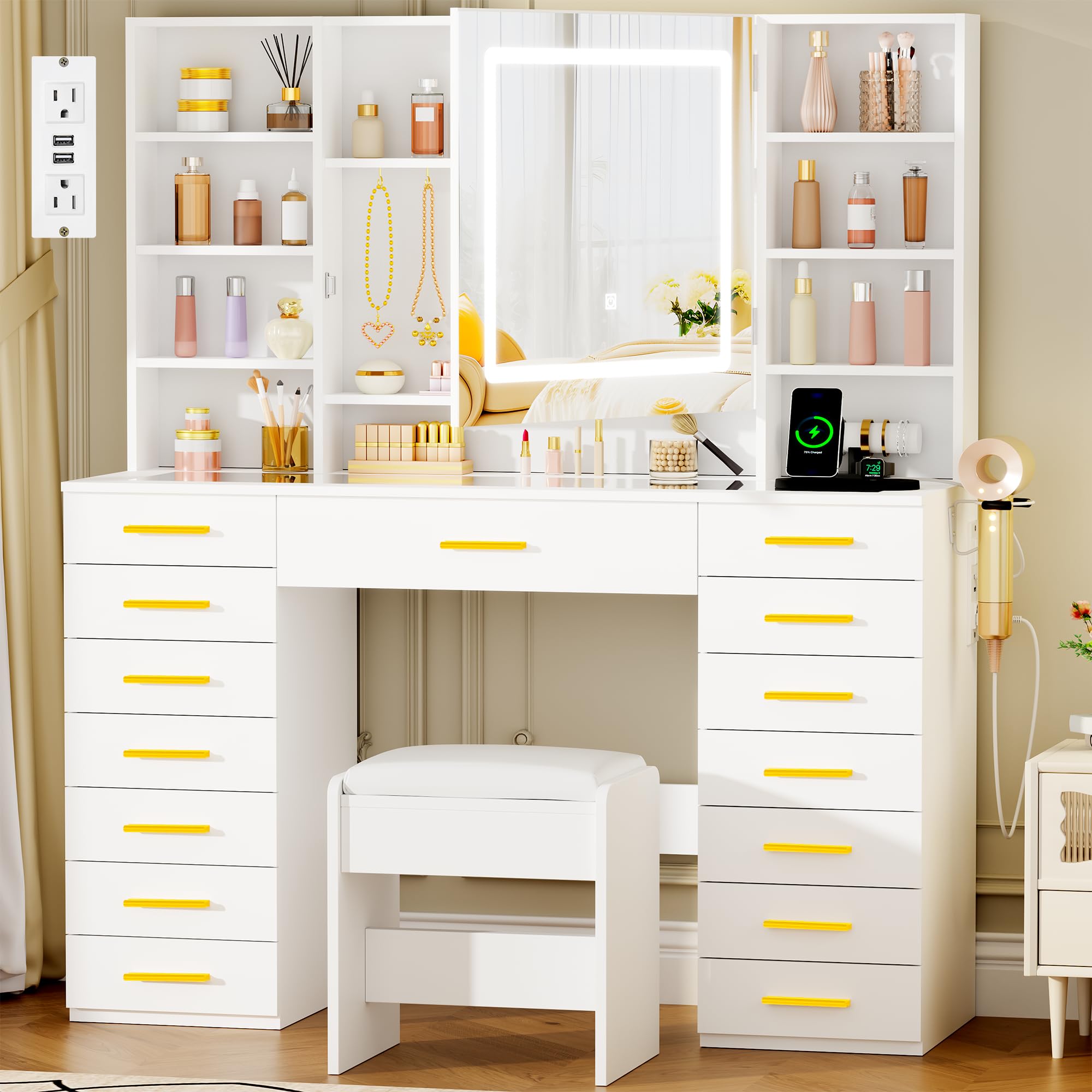 YUNSCEND White Vanity Desk with LED Lighted Mirror, 15 Drawers Makeup Vanity Table with Transparent Glass Top Power Outlet 9 Shelves 8 Hooks Large Dressing Table with Stool for Girls Women UXFST012W