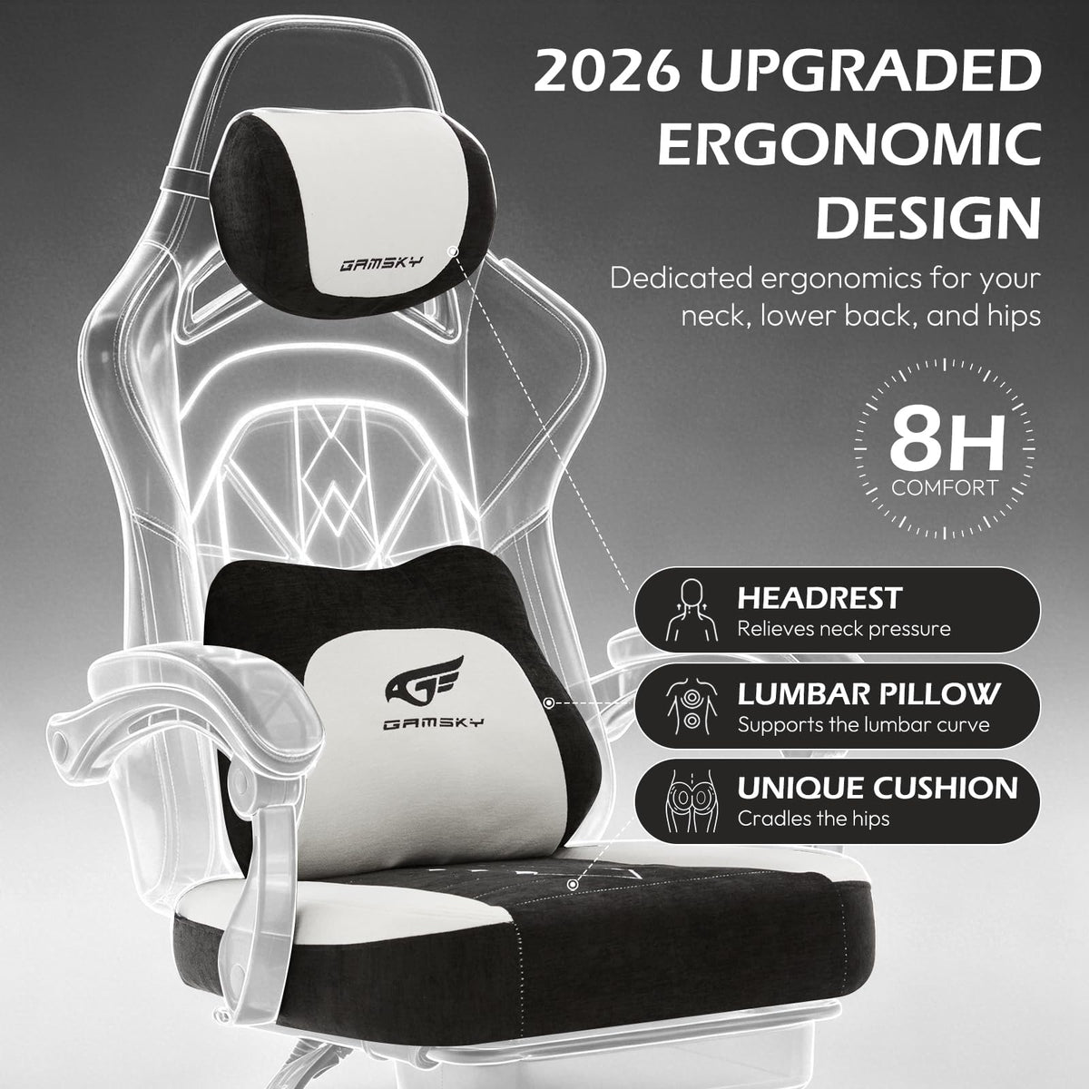 Gamsky Ergonomic Gaming Chair with Gel Cushion, Black White