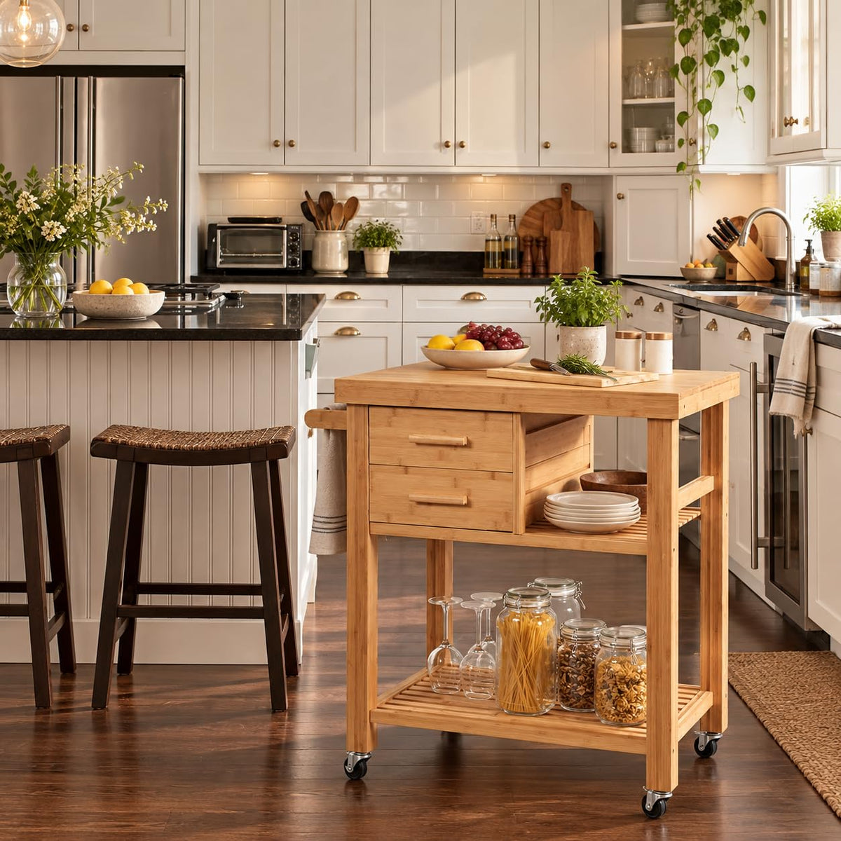 SILKYDRY Kitchen Island, Rolling Butcher Block Kitchen Cart with Storage