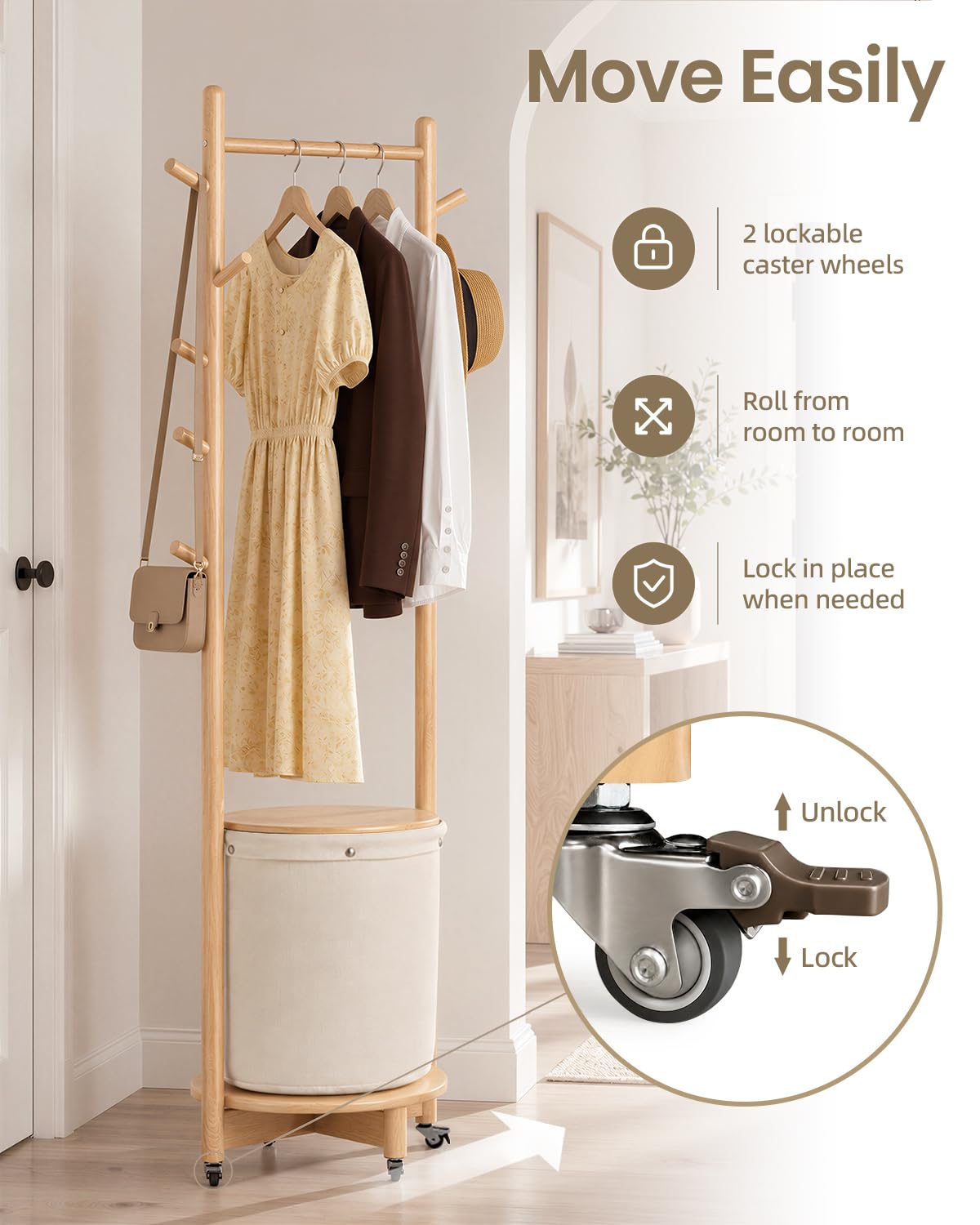 Rolling Wood Coat Rack with Basket