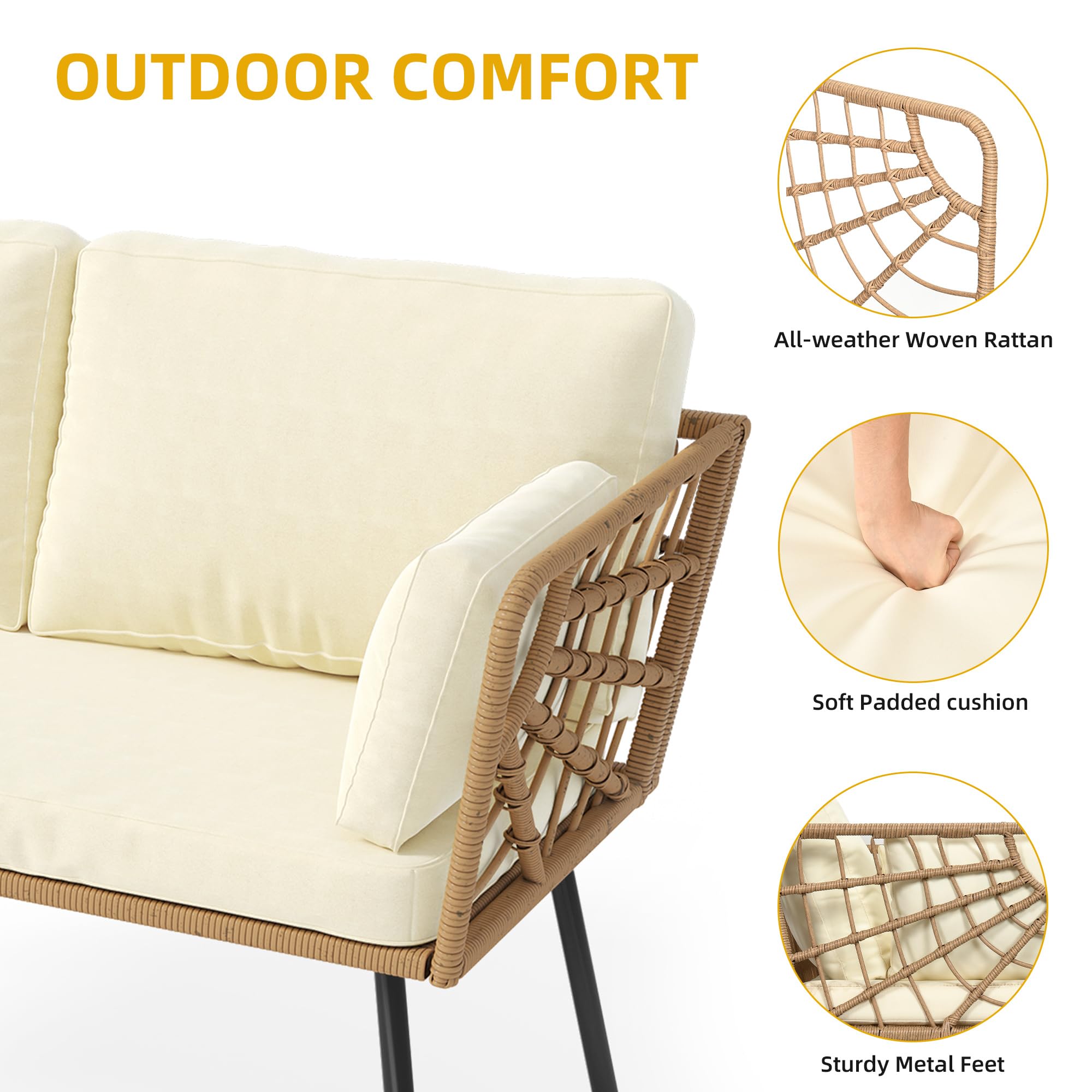 Wicker Rattan Patio Loveseat Set with Cushions & Side Table