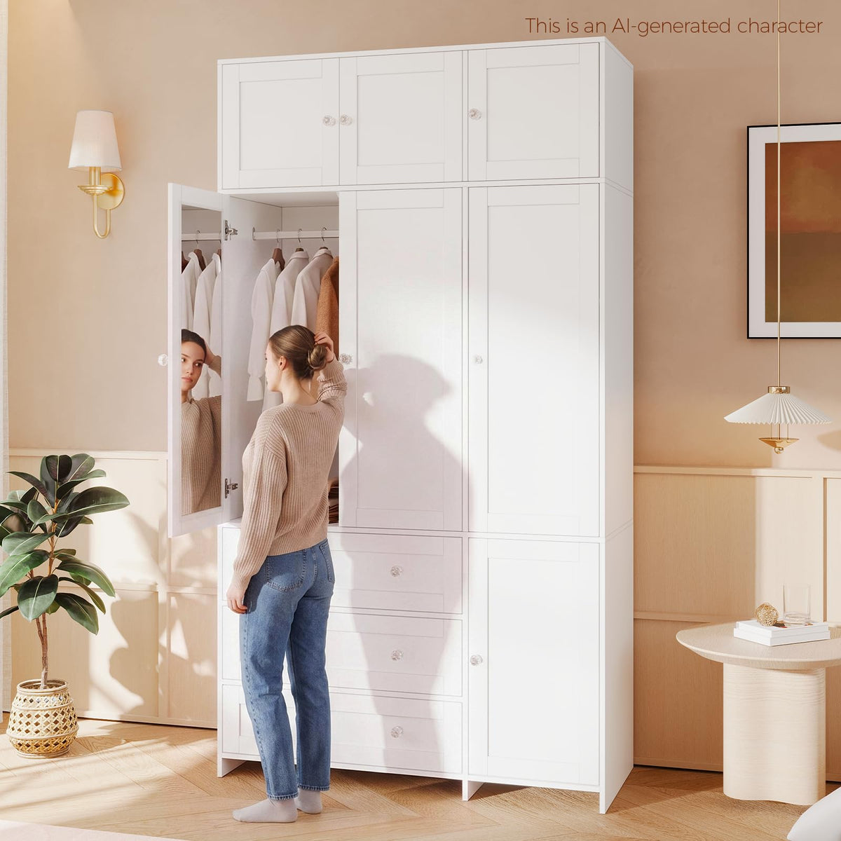 VOWNER 87"Tall Armoire Wardrobe Closet with Overhead Cabinets, Mirror & Rod