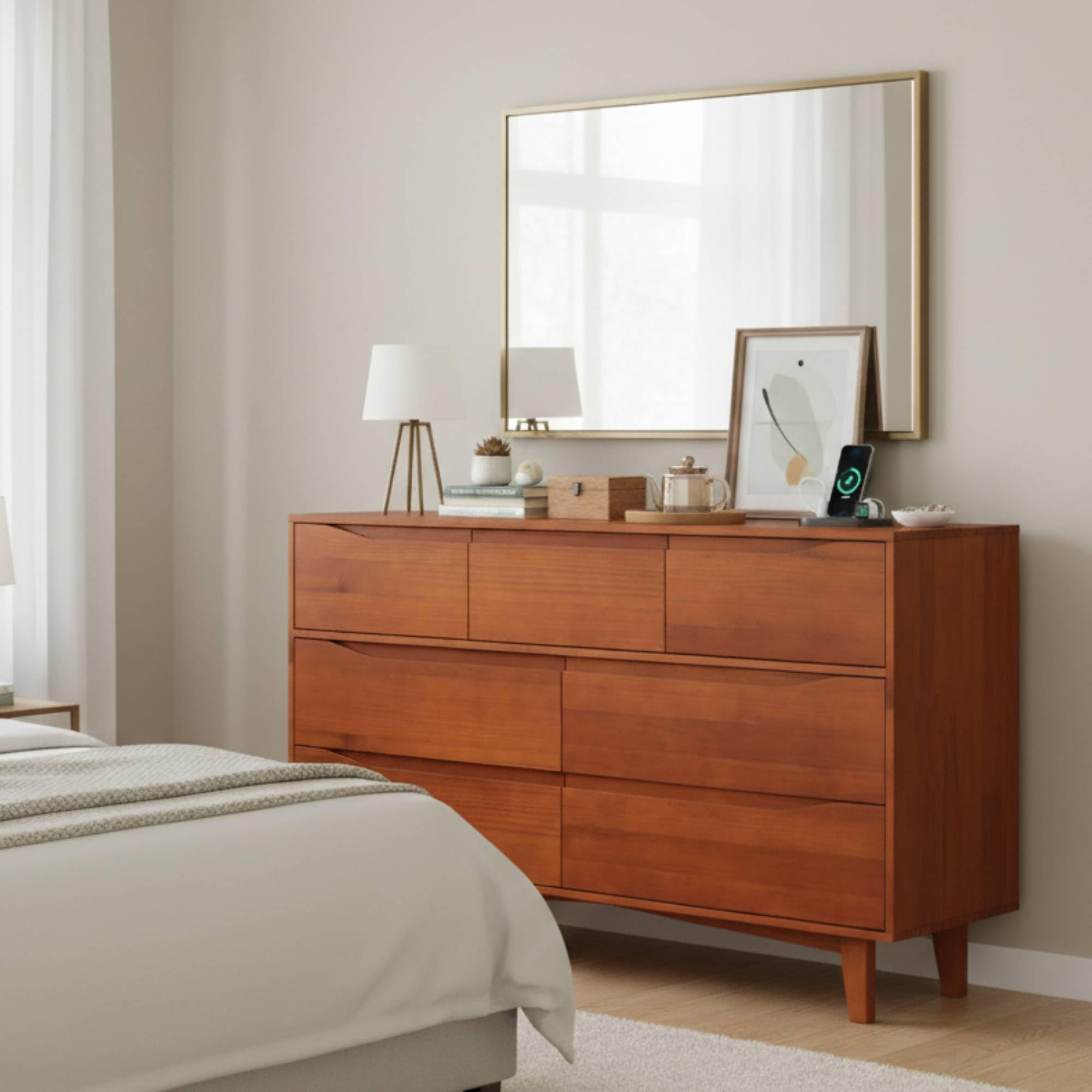 7 Drawer Dresser for Bedroom, 55” Wide Solid Wood Dresser with Power Outlet, Mid-Century Modern Chest with Solid Wooden, Large Wood Storage Organizer,Wood TV Stand for Bedroom, Living Room,Caramel