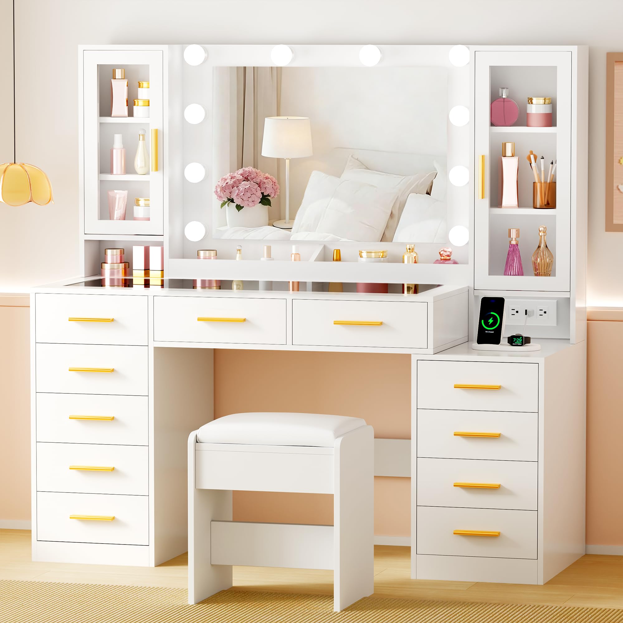 YUNSCEND 53.15" Large Vanity Desk with Mirror and Lights,White Makeup Vanity with Glass Top Power Outlet Vanity Table with 11 Drawers 6 Shelves Dressing Table Stool Set for Bedroom Women UXFST008W