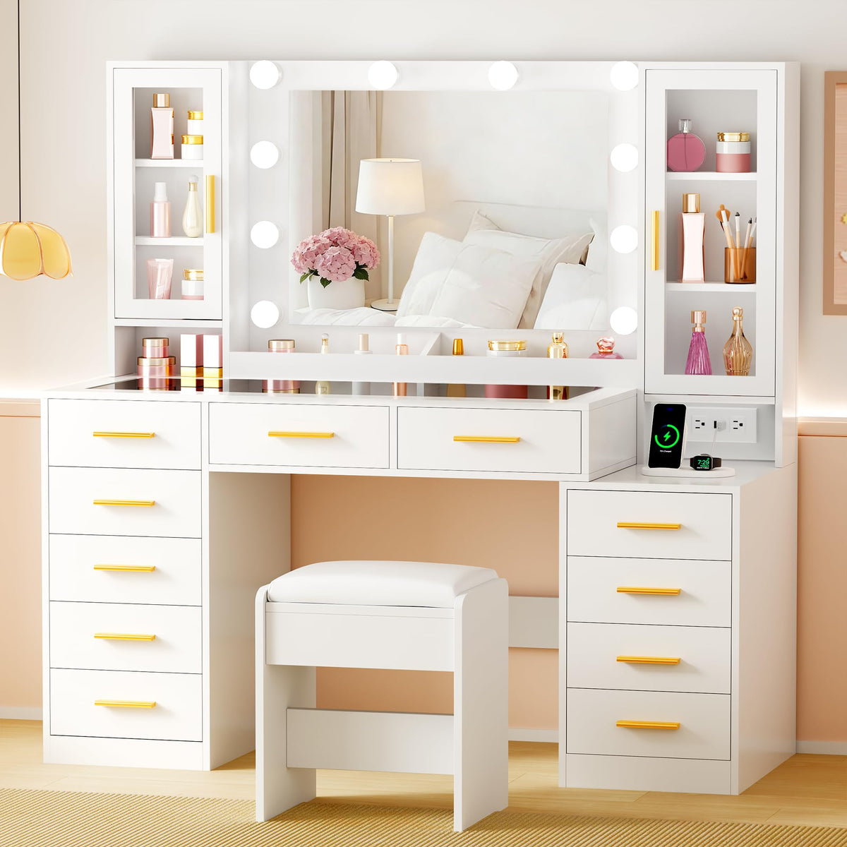 YUNSCEND 53.15" Large Glass Top Vanity Desk with Mirror and Lights, White