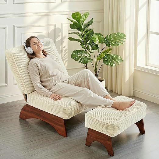 Corduroy Accent Chair with Ottoman & Adjustable Backrest