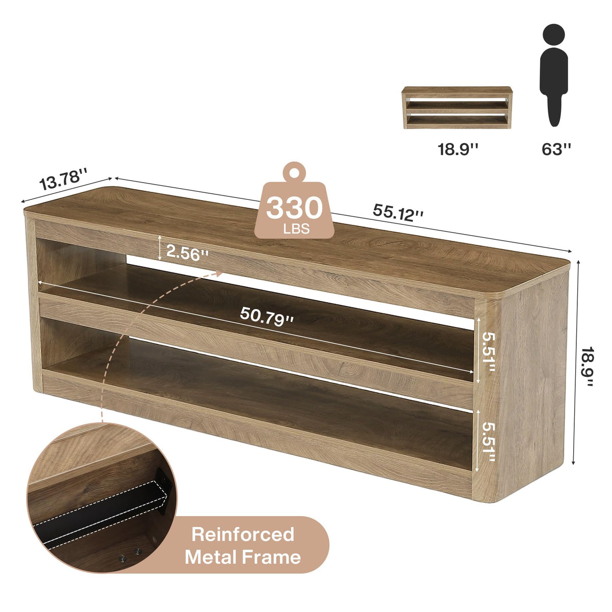 Tribesigns 55" Farmhouse Entryway Bench, 3-Tier Open Storage Shoe Bench with Rounded Corners, Wood Look Indoor End of Bed Seat for Entrance, Hallway, Foyer, Bedroom (Walnut Brown)