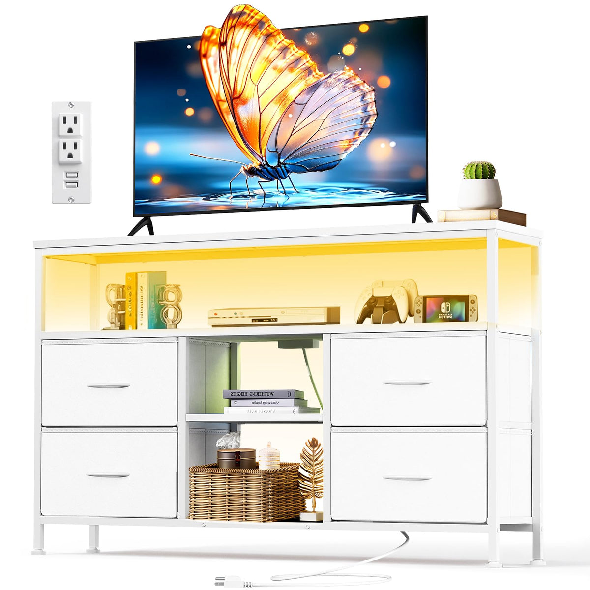 SageNest TV Stand with 4 Drawers, LED Lights Dresser with Charging Station
