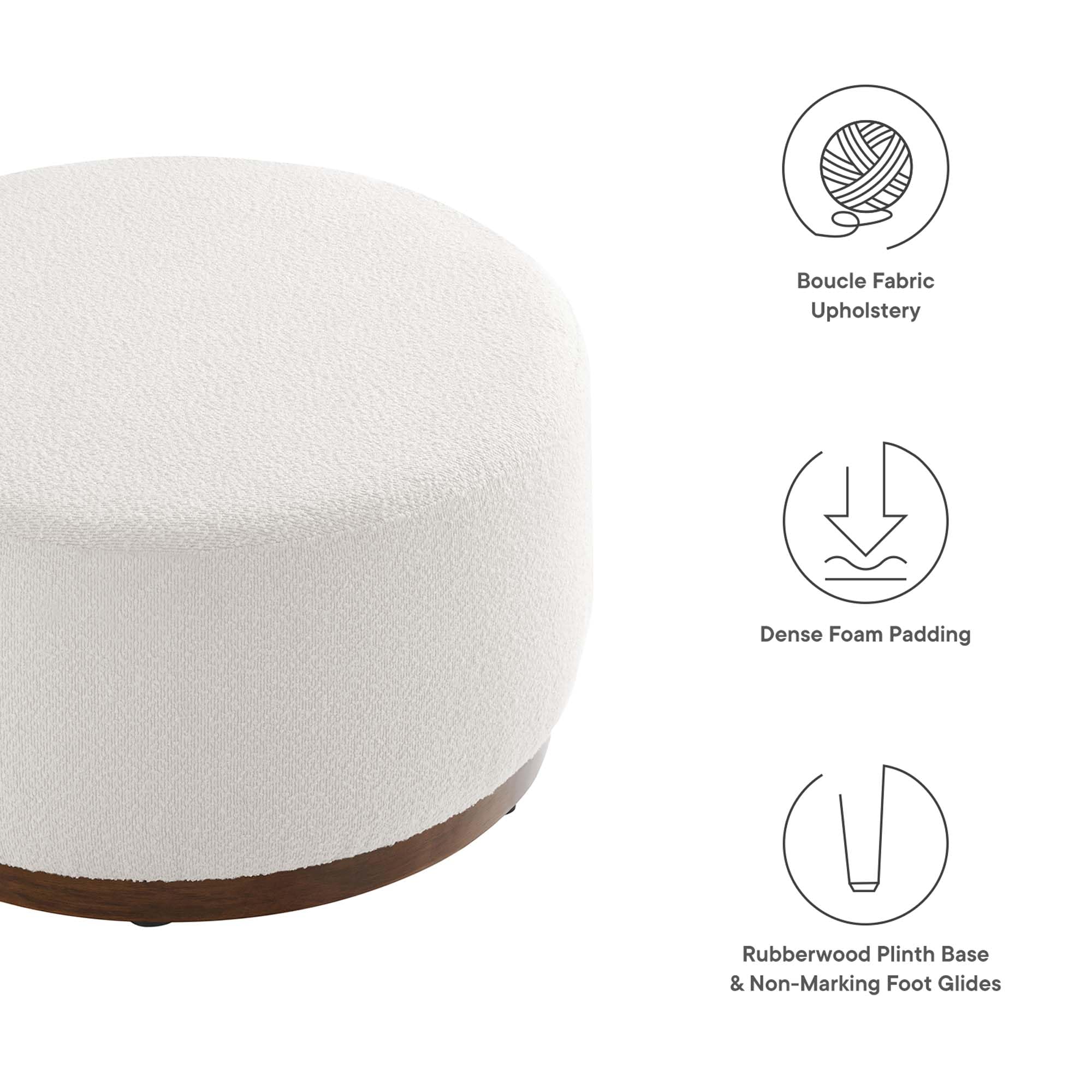 Modway Tilden 29 Inch Round Boucle Upholstered Ottoman in Cloud Walnut - Round Ottoman Coffee Table for Living Room - Large Ottoman Foot Rest with Rubberwood Plinth Base