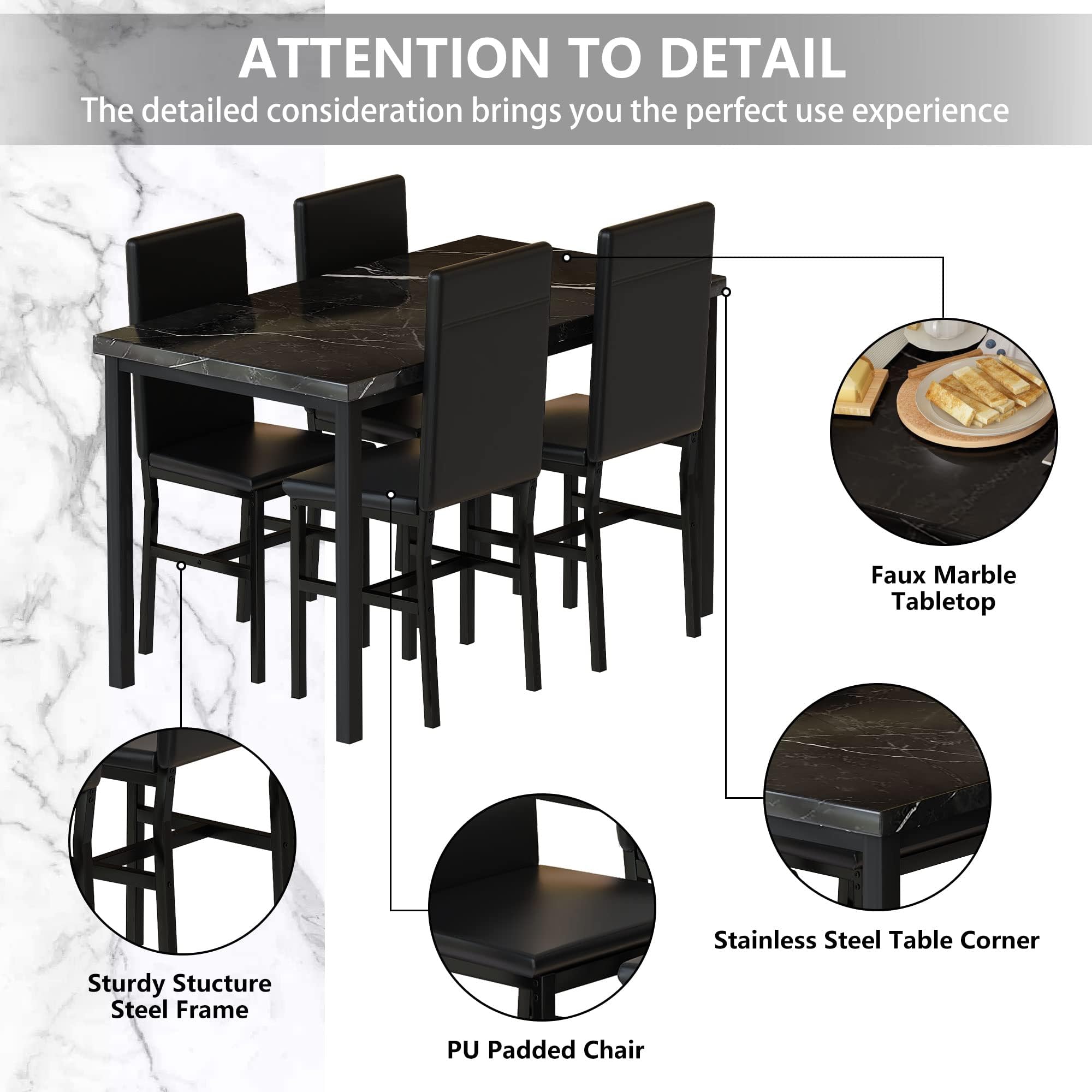 5-Piece Faux Marble Dining Table Set with PU Leather Chairs