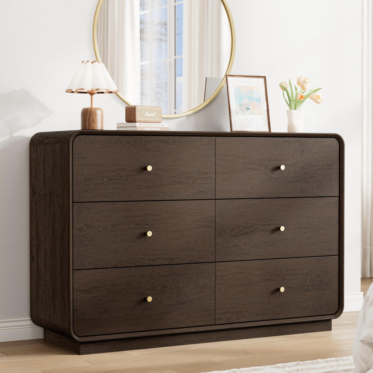 Now Mais 3-Piece Dresser Bedroom Set, 6 Drawer Dresser & 3 Drawer Nightstands with Gold Handles, Fluted Wood Chest of Drawers for Bedroom, Living Room, Entryway, Walnut