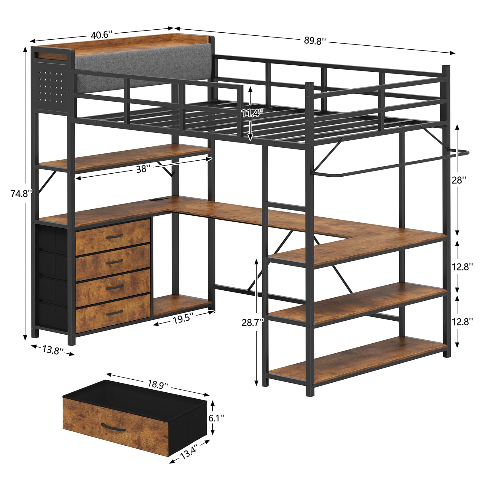Twin Loft Bed with Storage, Desk & LED Lights