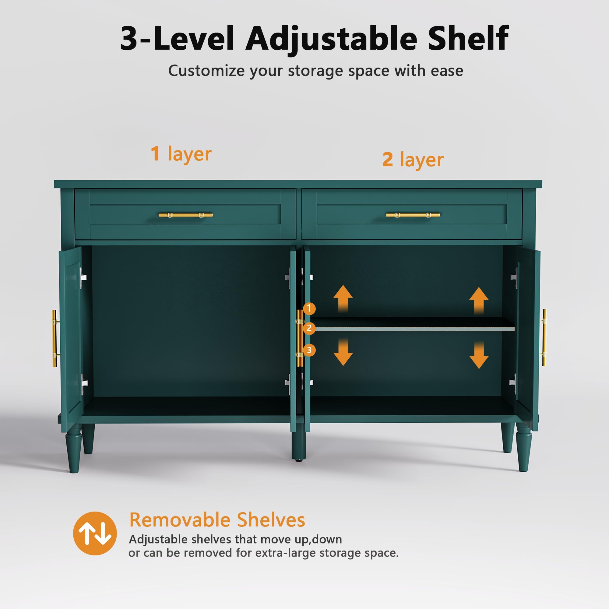 ZOSQUARE 58 Inch Sideboard Buffet Cabinet with Storage, Fluted Buffet Storage Cabinet with 2 Drawers and 4 Doors, Modern Coffee Bar with Adjustable Shelves for Living Room, Kitchen (Green)