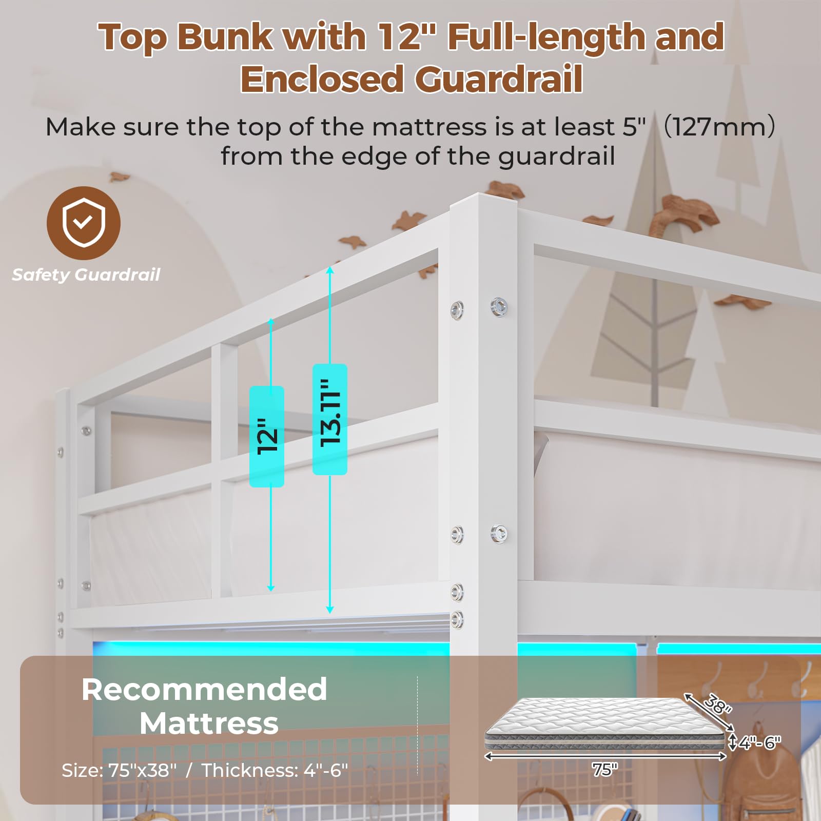 Twin Loft Bed with L-Shaped Desk & LED Lights