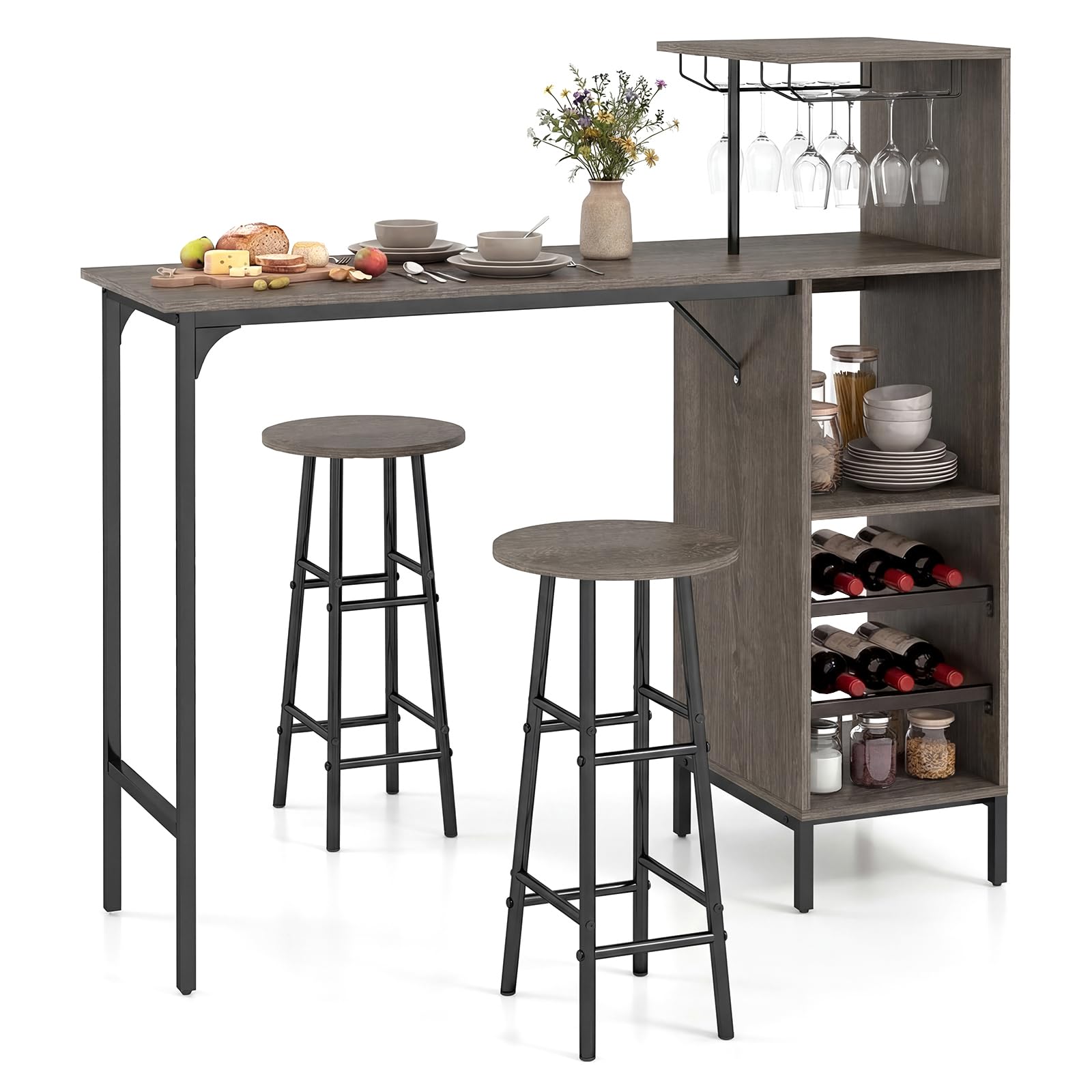 3-Piece Bar Table & Stool Set with Wine Rack