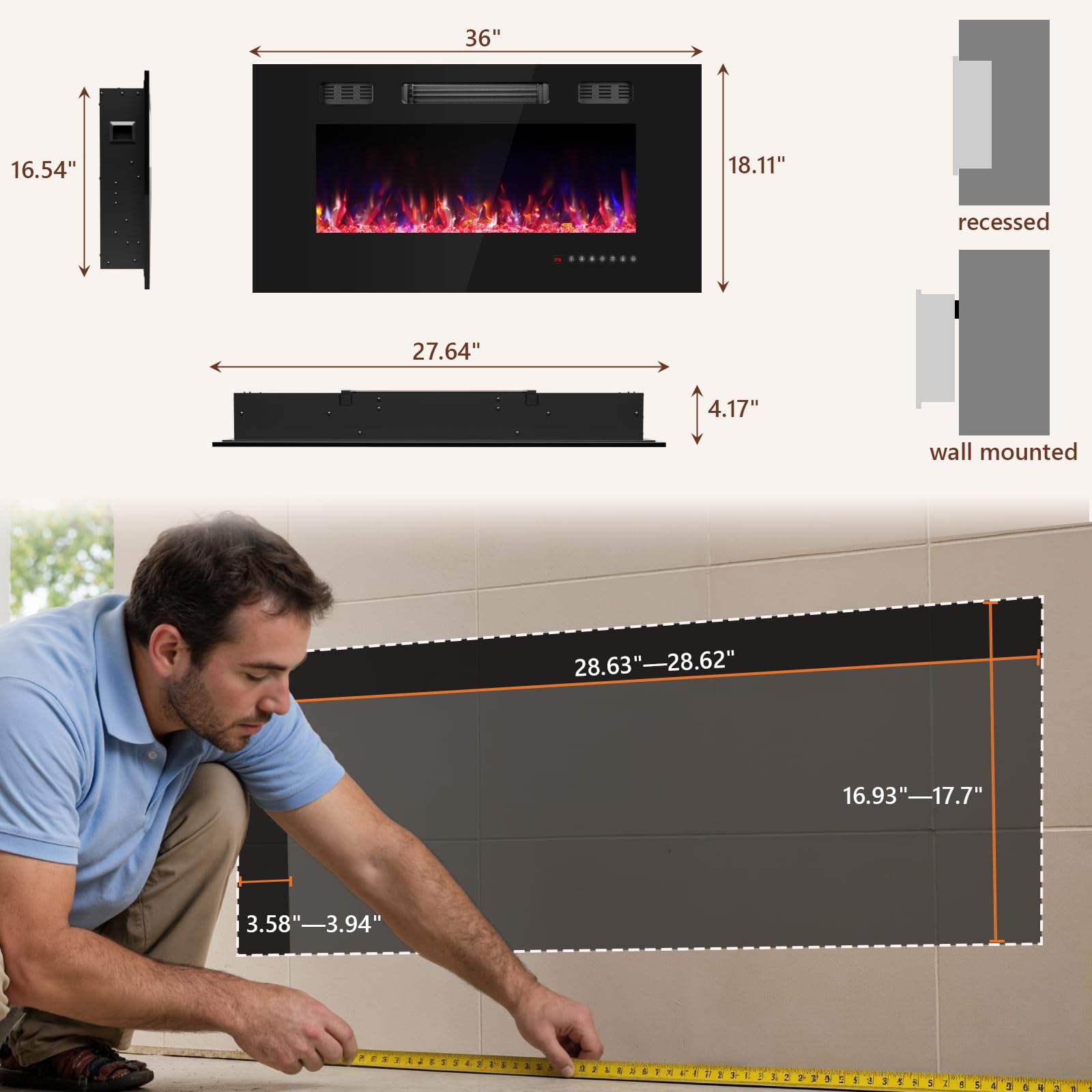 Ariiles 36 Inch Electric Fireplace Insert, Electric Fireplace Wall Mounted with Remote & Timer, Low Noise Heater Fireplaces for Living Room, Modern Recessed Fireplaces Decor