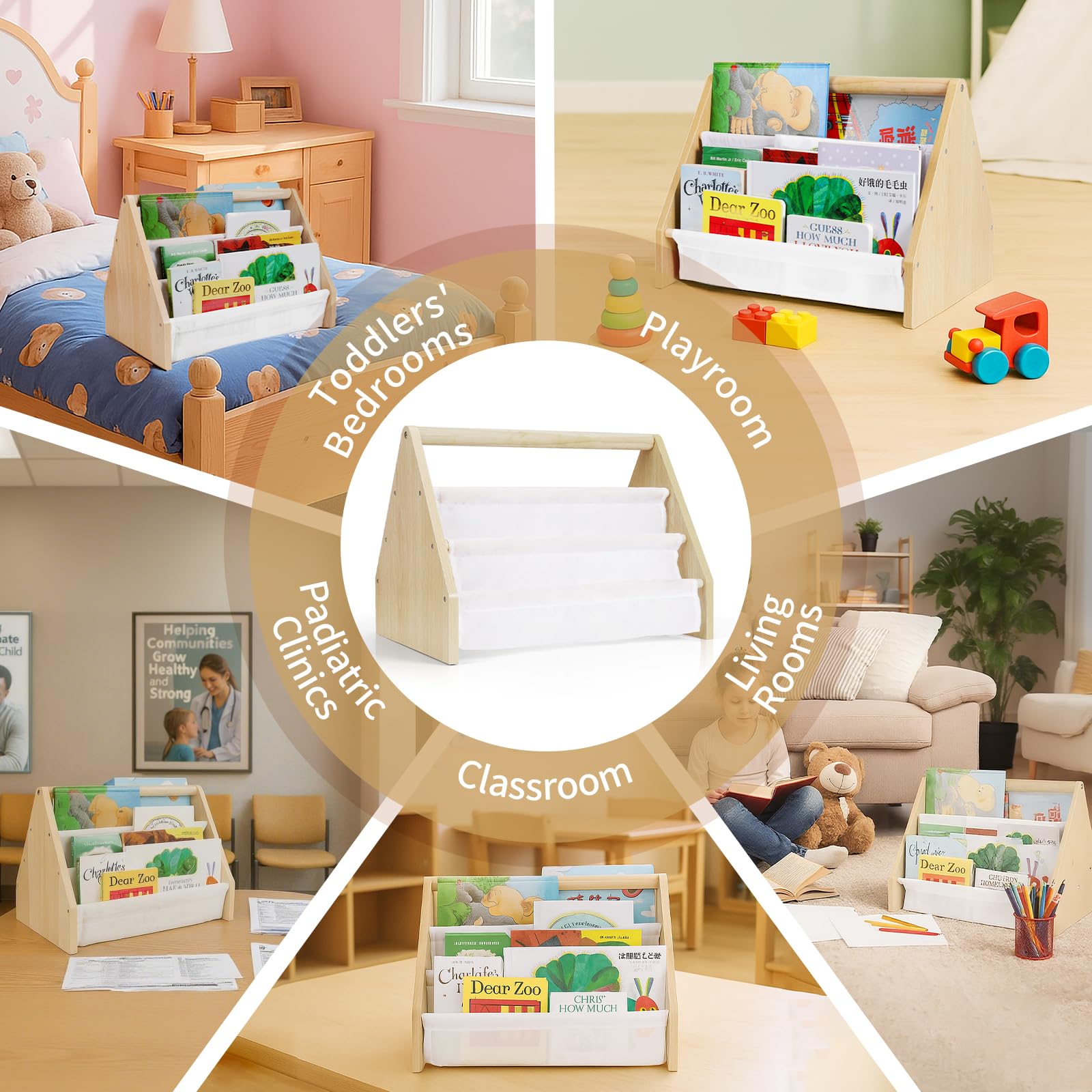 Epelay Kids Bookshelf, 19" Nursery Book Shelves for Toddler Rooms, with Deep Fabric Pockets, Montessori Book Shelf for Baby Room, Reading Corner or Playroom Decor