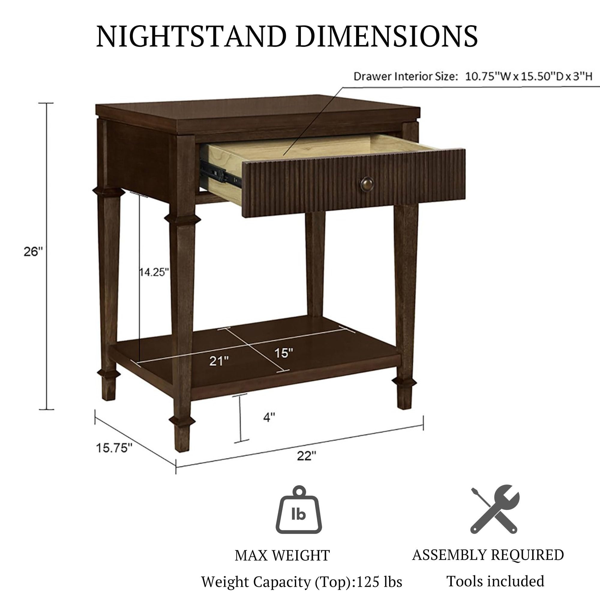 Martha Stewart Kenna Drawer Nightstand for Bedroom Nightstand with Drawer Lily Pond Collection Bedside Table Cottage Design Fluted Drawer, Metal Hardware, Coastal Bedroom Furniture, 26" H Dark Coffee
