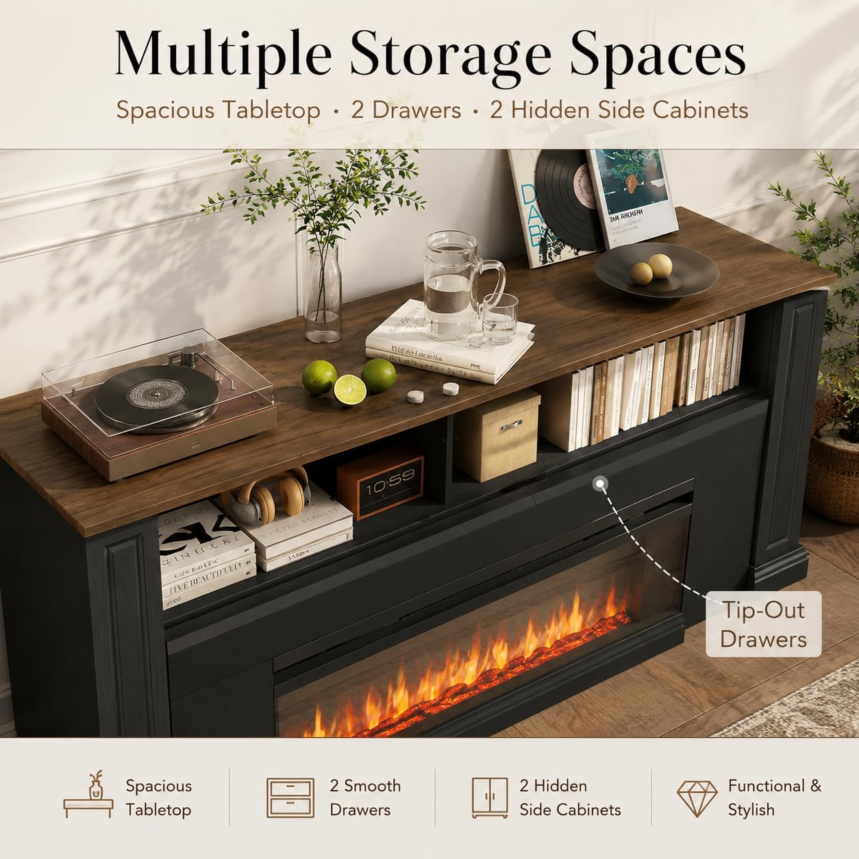 63 inch Fireplace TV Stand for TVs up to 70" with 36" 3-Sided Electric Fireplace with Mantel, Modern Media Entertainment Center, Farmhouse TV Console for Living Room with Drawers and Storage, Black