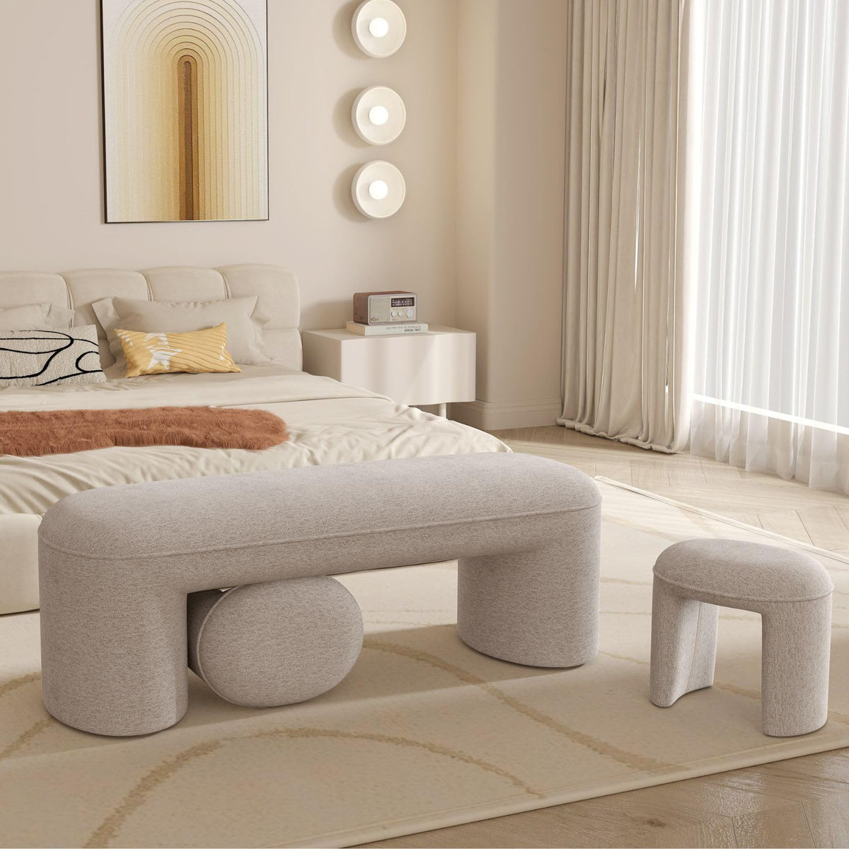 Chenille Bench with Nesting Ottomans