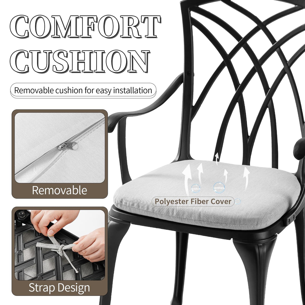 Withniture Patio Bistro Sets Cast Aluminum Bistro Table and Chairs Set of 2 with Umbrella Hole,Outdoor Bistro Set with Cushion for Yard (BLACK1)