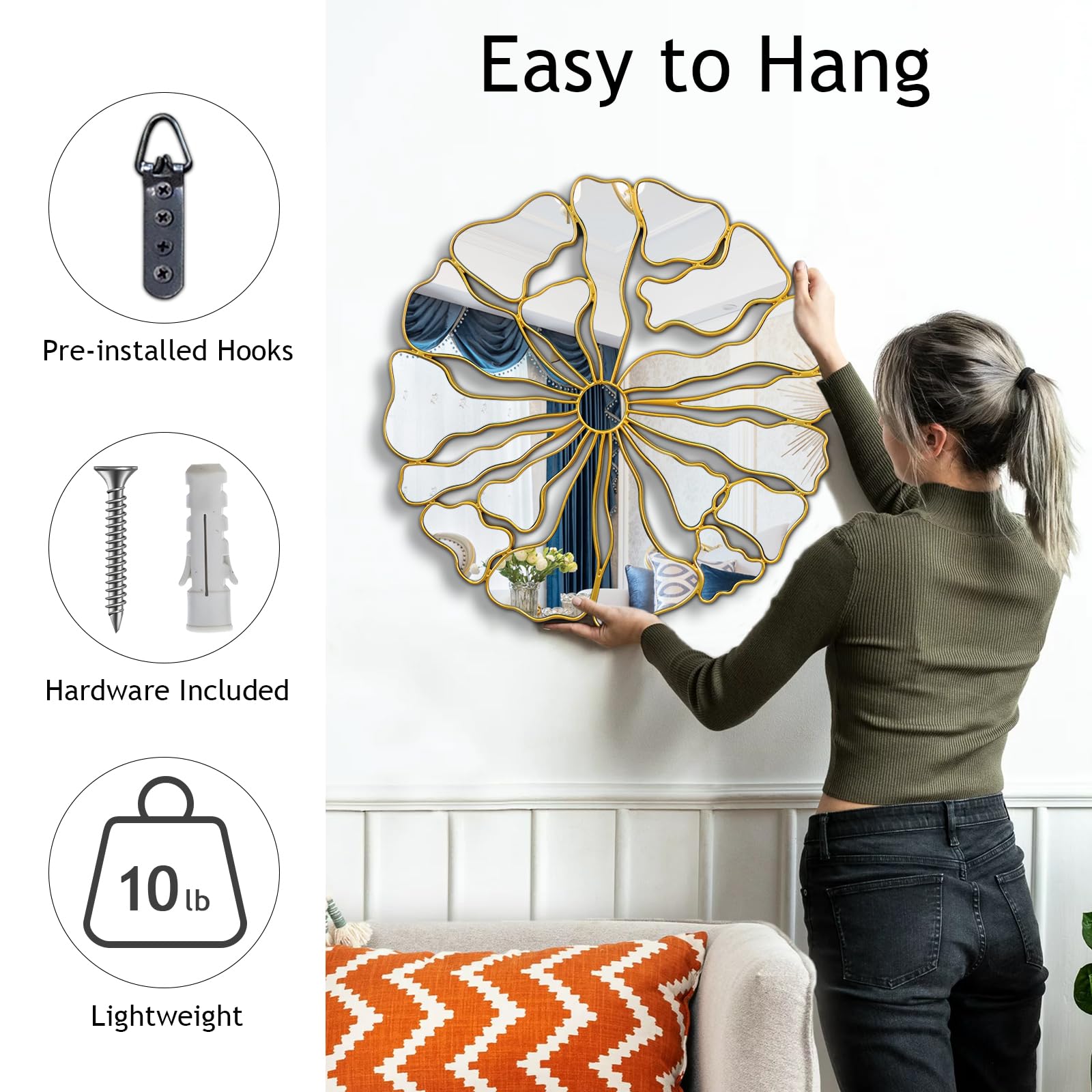 32" Round Floral Gold Wall Mirror