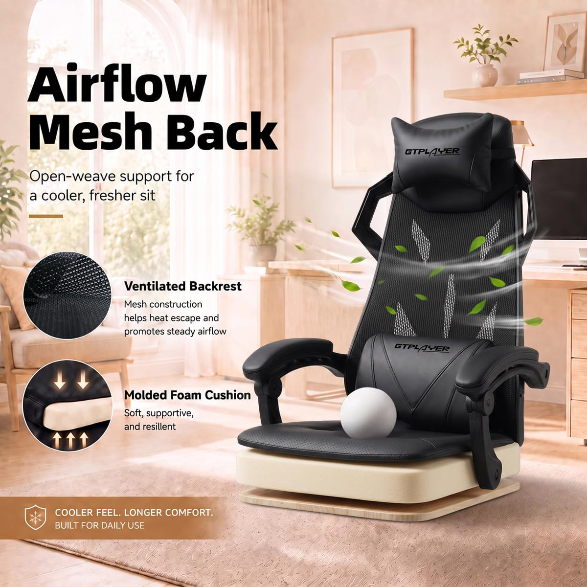 GTPLAYER Office Gaming Chair, Ergonomic Mesh Desk Chair W/Footrest for Adults, BLK
