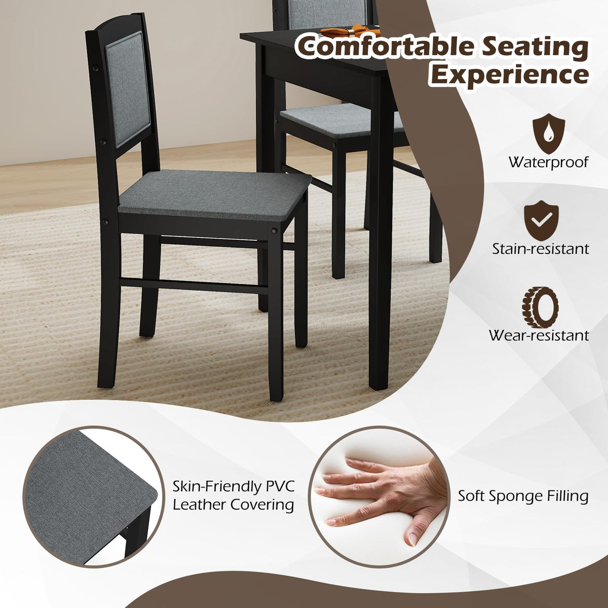 GIANTEX 5-Piece Dining Table Set for 4, Wooden Kitchen Table and Chairs with Solid Rubber Wood Legs, Padded Seat & Backrest, Space Saving Dinette Set for Home Dining Living Room, Breakfast Nook