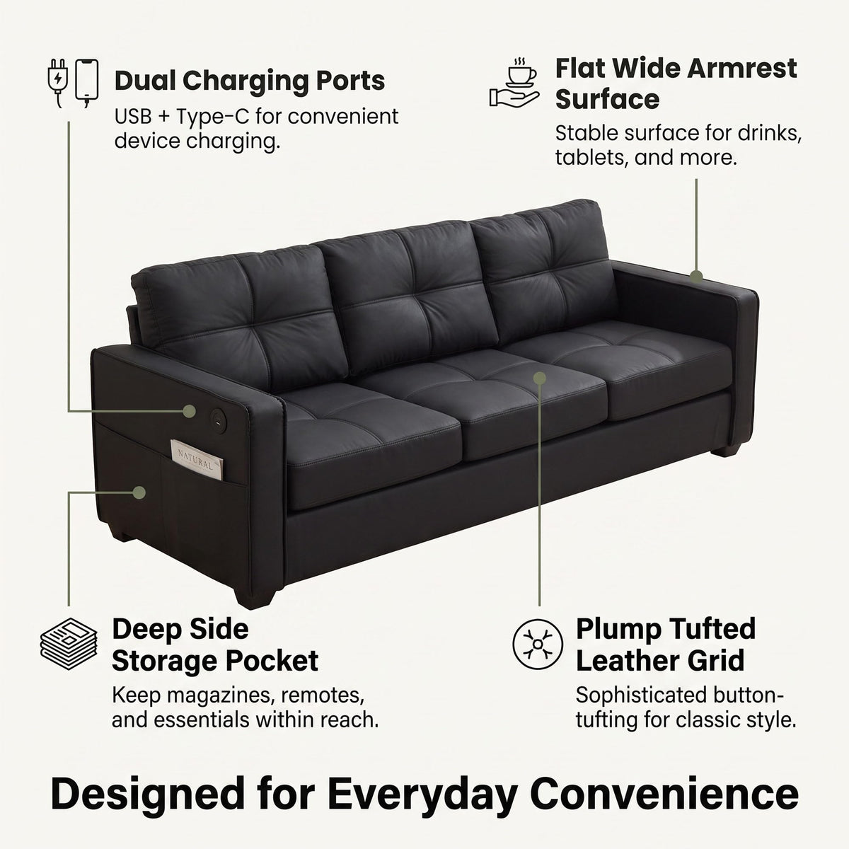 3-Piece Leather Living Room Set, Living Room Furniture for Office,Black