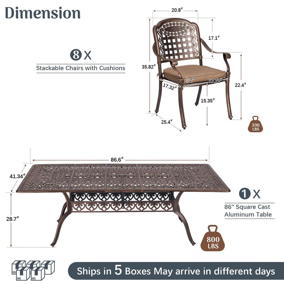 Redlife 9-Piece Cast Aluminum Patio Dining Set, 86" Rectangular Table