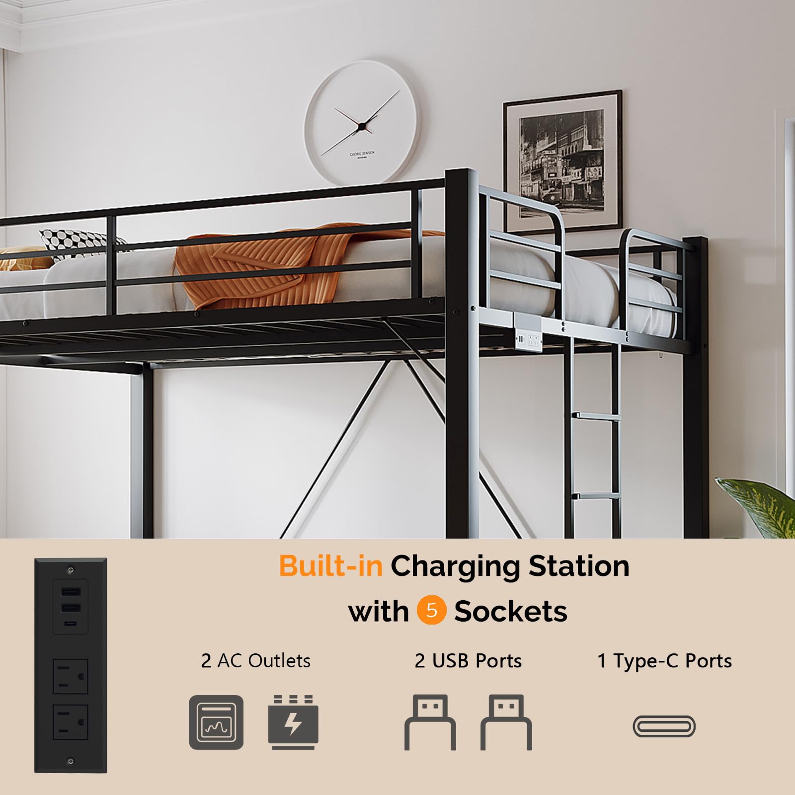 Queen Loft Bed with Charging Station & LED Lights