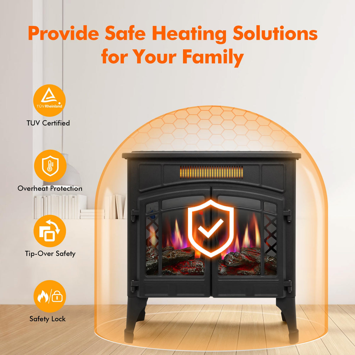 RealSmart Electric Fireplace Heater, 25“ Freestanding Stove Heater with 3D Realistic Flame Effect, Fireplace Stove Overheat Safety Protection for Indoor Use Bedroom,750W 1500W Retro Brown