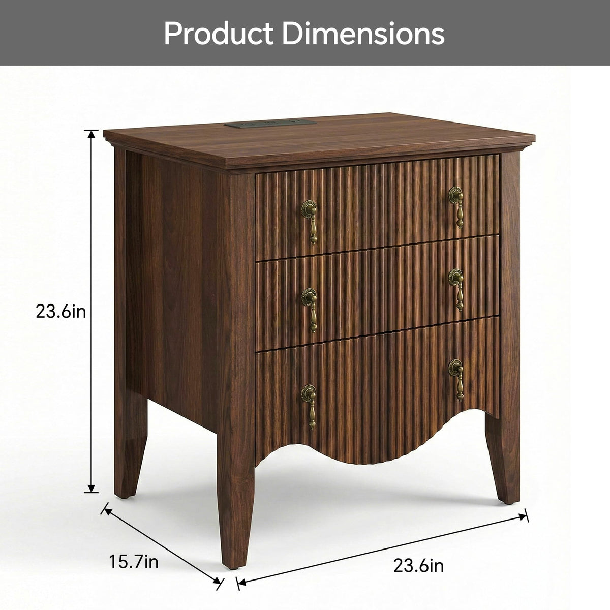 FUSUNBAO Set of 2 Nightstands with Charging Station&3 Fluted Drawers,Walnut