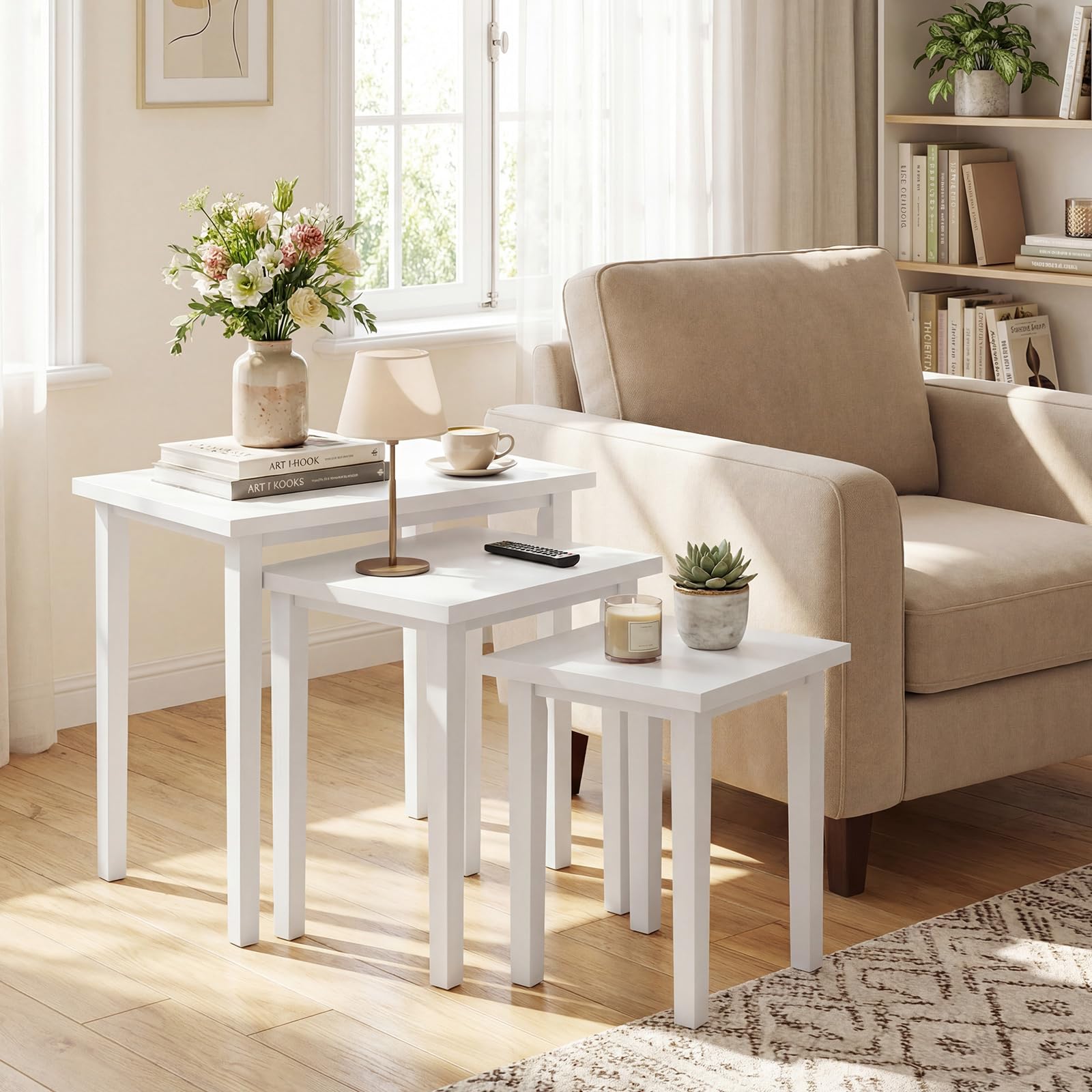 Farmhouse Nesting Side Tables – Set of 3, Wood & Rubber Legs