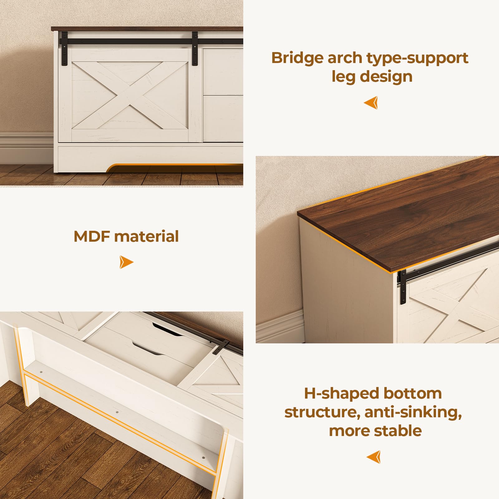 Farmhouse Storage Bench with Cushion & Sliding Barn Doors