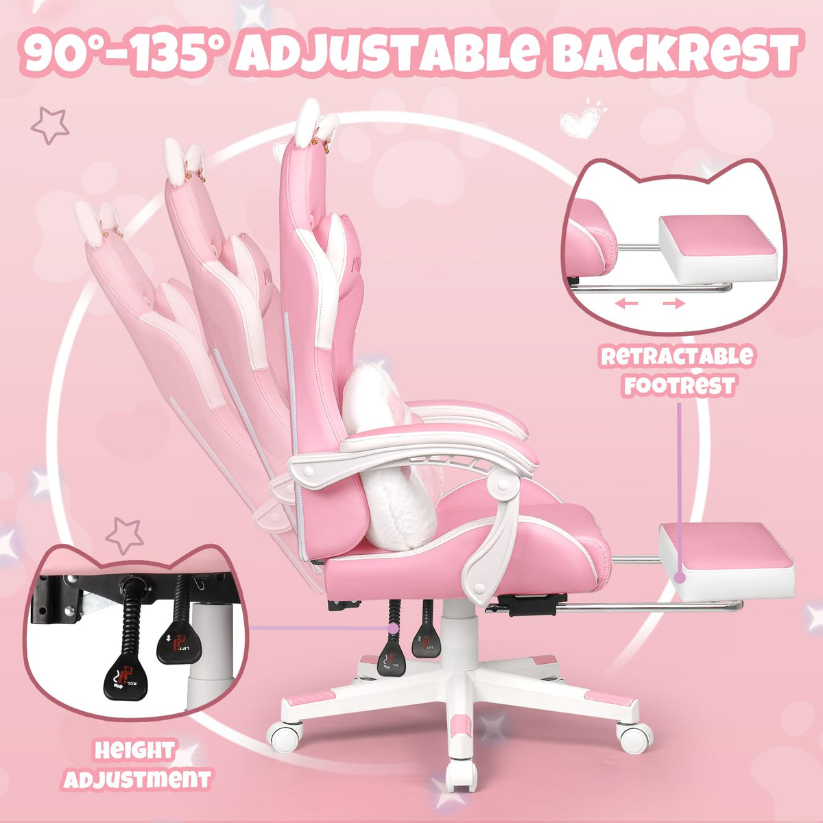 VENDORZ Pink Gaming Chair with Cat Ears & Cat Paw Lumbar Support