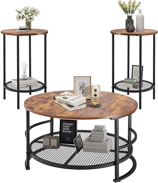 3-Piece Living Room Coffee & End Table Set with Metal Legs