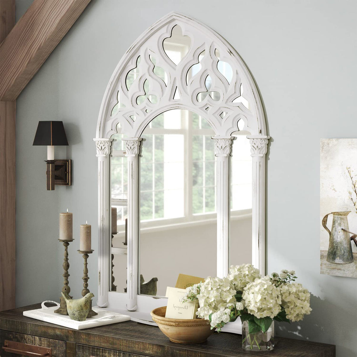 Arched Wood Window Mirror