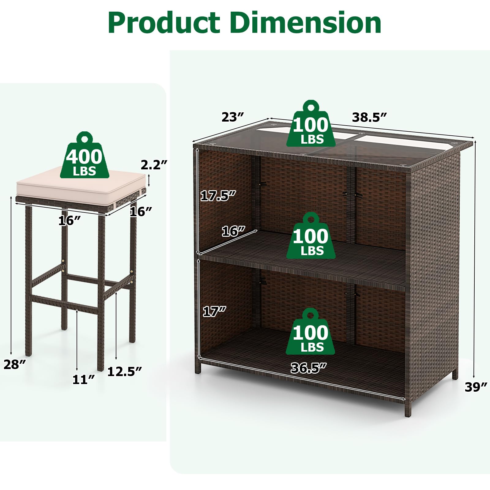 RELAX4FLIE 3-Piece Outdoor Bar Set - PE Rattan Wicker Bar Table and Stools with Removable Cushions, Tempered Glass Top & 2 Storage Shelves for Porch, Backyard, Garden, Poolside