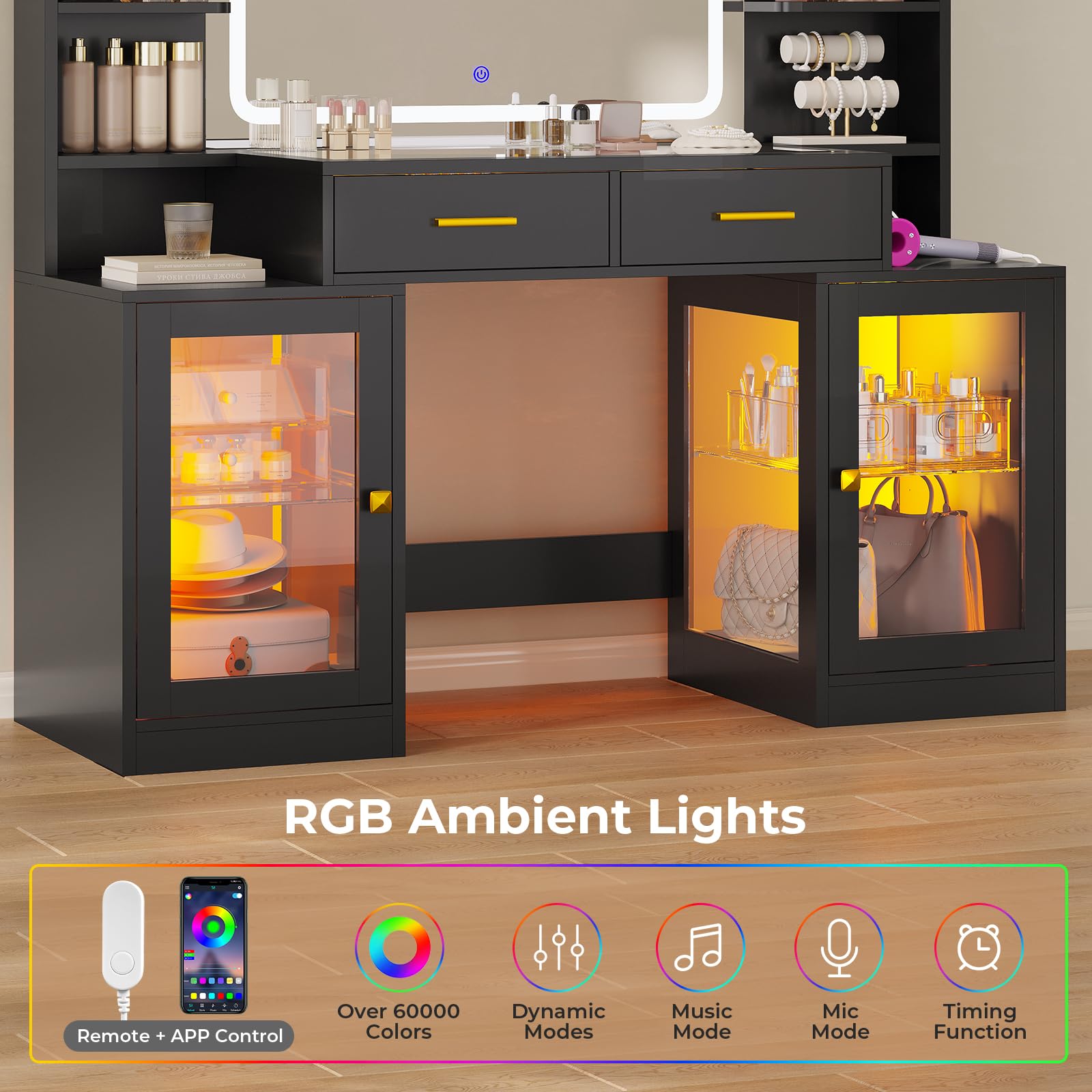 ADORNEVE Makeup Vanity with Mirror & Lights, RGB Cabinets, Vanity Desk with 2 Glass Top Drawers & Power Outlet, for Teen Girls, Women, Black