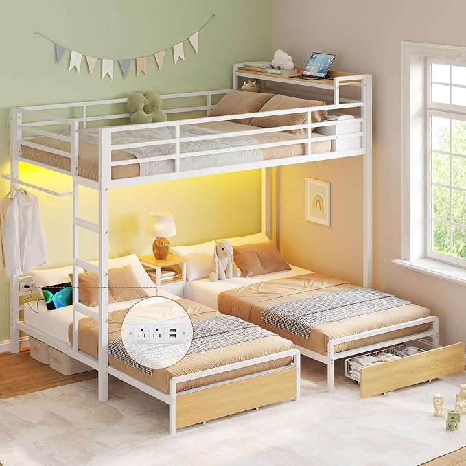 Triple Bunk Bed with Storage Drawers and Charging Station