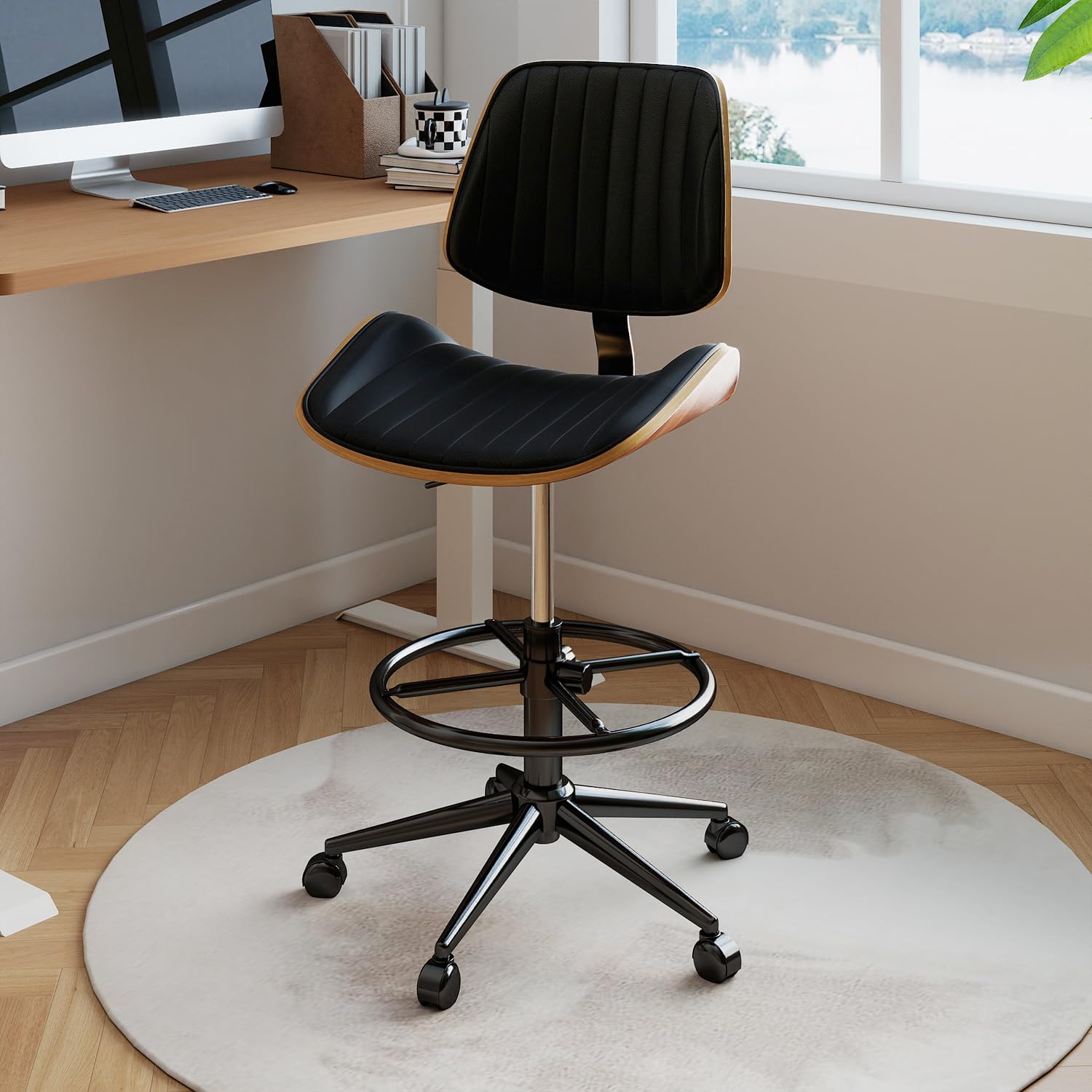Ergonomic Drafting Chair with Walnut Wood Back