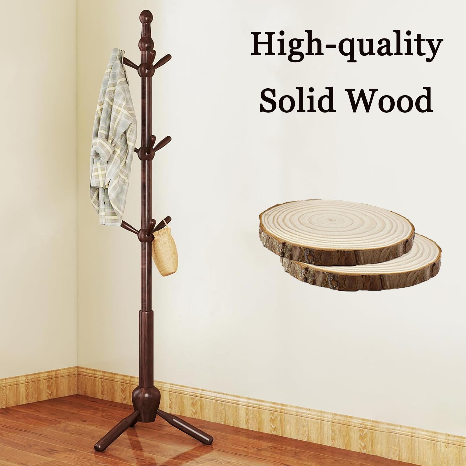 Solid Wood Coat Rack Stand with 9 Hooks