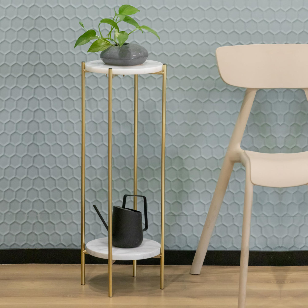 ALPOME Gold Plant Stand Indoor Tall - 2 Tier White Marble Top Side Table, 29.5 Inch Modern Round Metal End Table for Living Room Corner, Small Bedside Tables for Entryway & Bedroom (11x11, Gold)